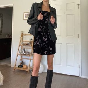 little black velvet dress with purple flower pattern